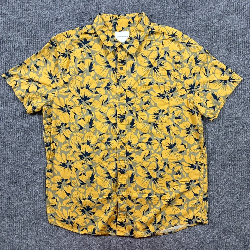 American Eagle Floral Button Up Shirt Mens XL Yellow Tropical Short Sleeve Casua
